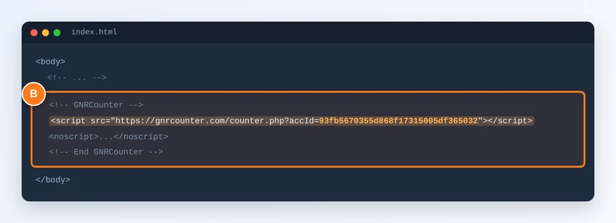 Ο επισημασμένος κώδικας μετρητή μέσα στο HTML ενός ιστότοπου